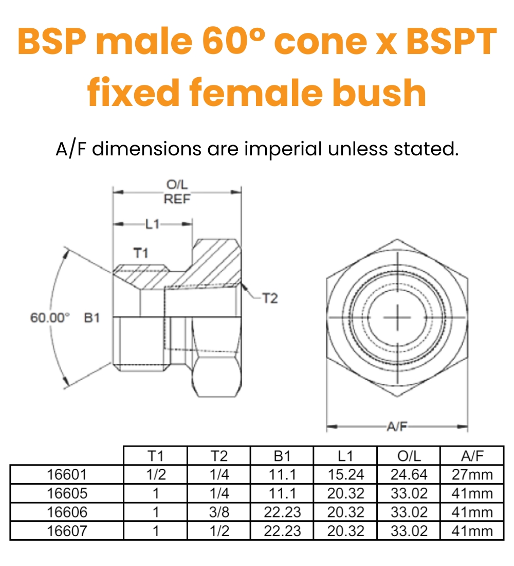 1/2 BSP x 1/4 BSPT M/Fix Fem Bush Hydraulic Adaptor